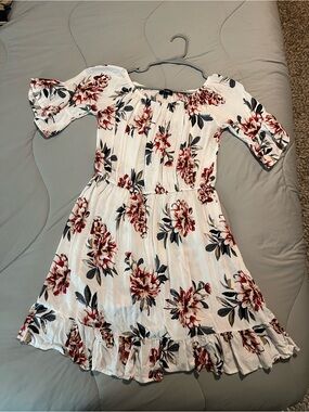 New Look White Off-Shoulder Dress with Red Floral Print